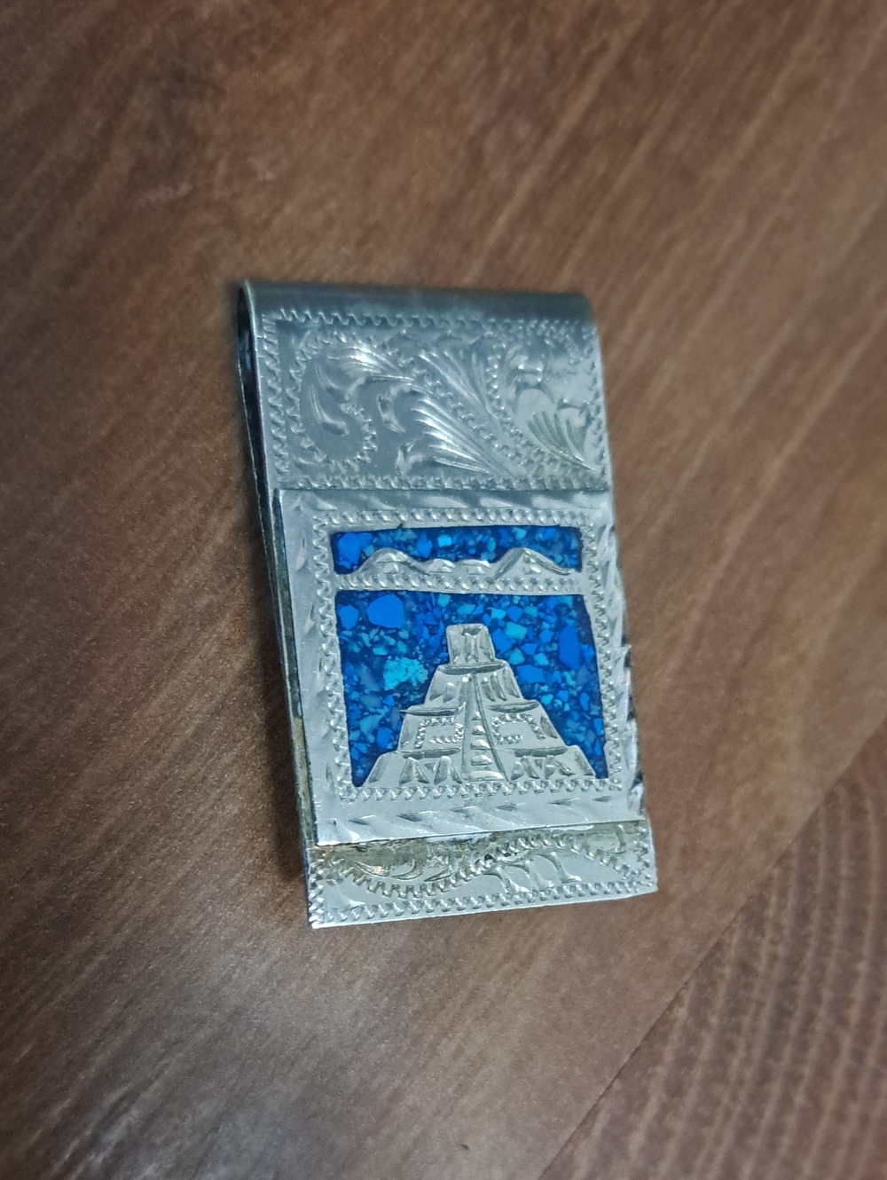 Silver-Tone Money Clip with Blue Inlay